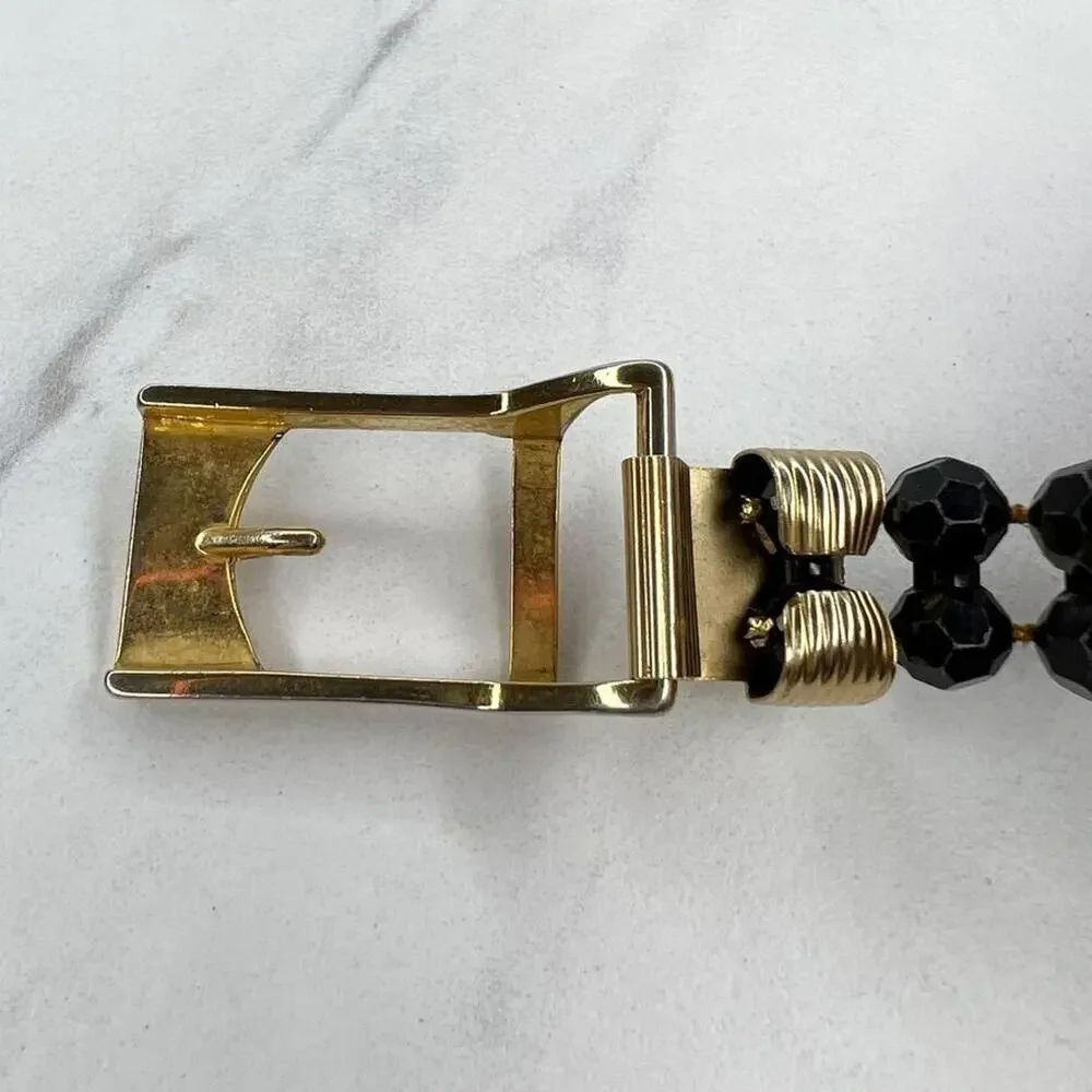 Black Beaded Belt Gold Tone Buckle Statement Small (S) ✨